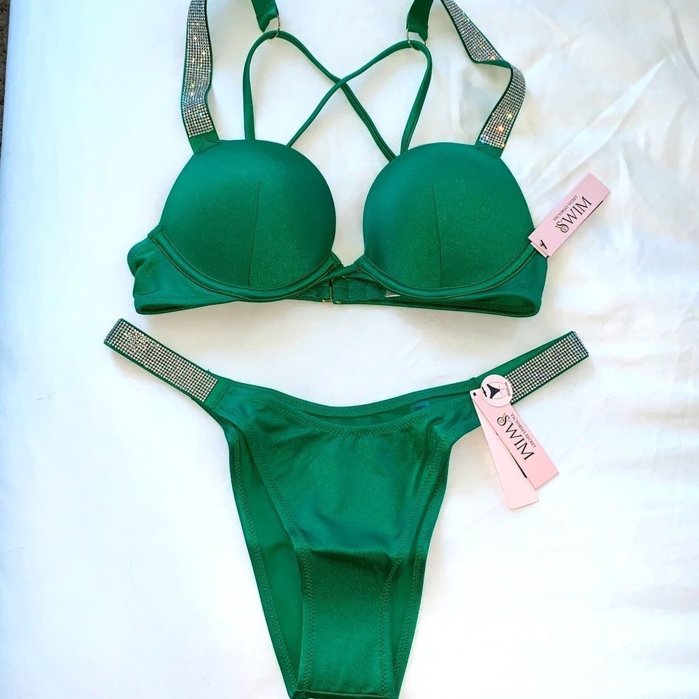 2 Pc Set Victoria's Secret 34B BOMBSHELL BIKINI Med BOTTOM Shine Strap Swimsuit